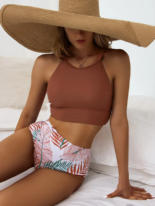 2026 High-Neck Print Bikini: Chic & Padded Swimwear